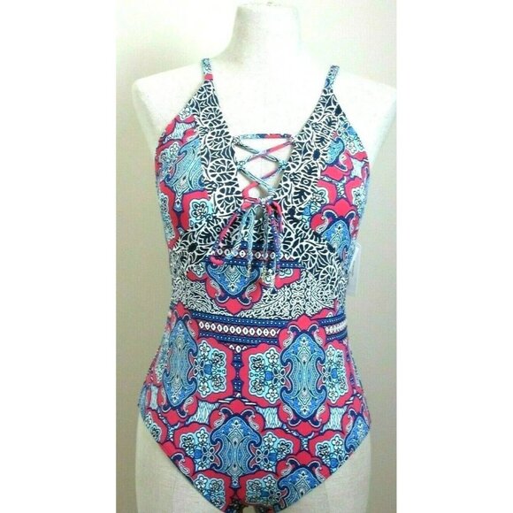 COPY - Tommy Bahama Womens Riviera Tile Lace Front 1 Piece Swimsuit Cerise Size… - Picture 1 of 11